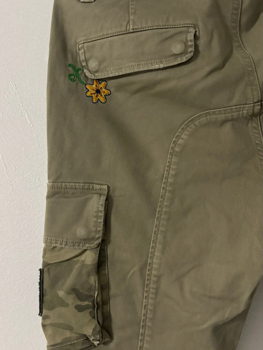 Mason Olive Cargo Pants with Floral & Patch Details